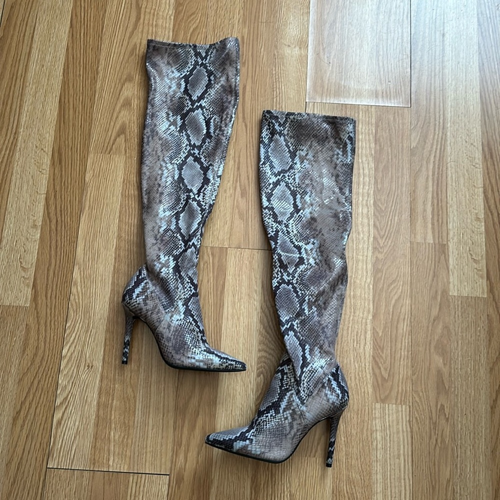 Jessica Simpson snake print thigh high boots